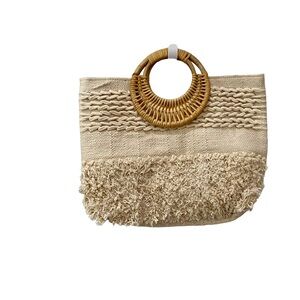 Never-used Cream Woven Handbag with Wooden Handles